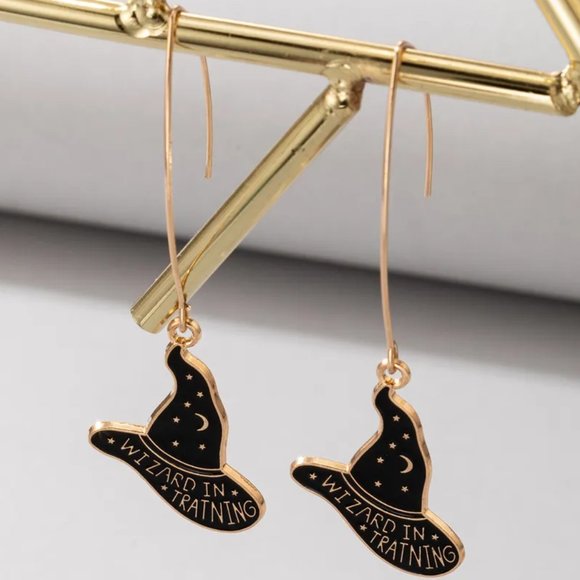 Gold & Black Wizard in Training Witch Wizard Hat Halloween Earrings NEW - Picture 3 of 6